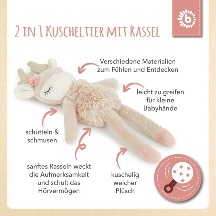 Bieco Kuscheltier Reh Ella mit Rassel | Baby Kuscheltier ab 0 Monate Stofftier Baby Plüschtier 6 rentier – Bild 6